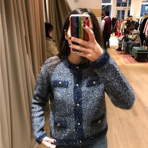 Maje Chic Sequin Blue Tweed Cardigan